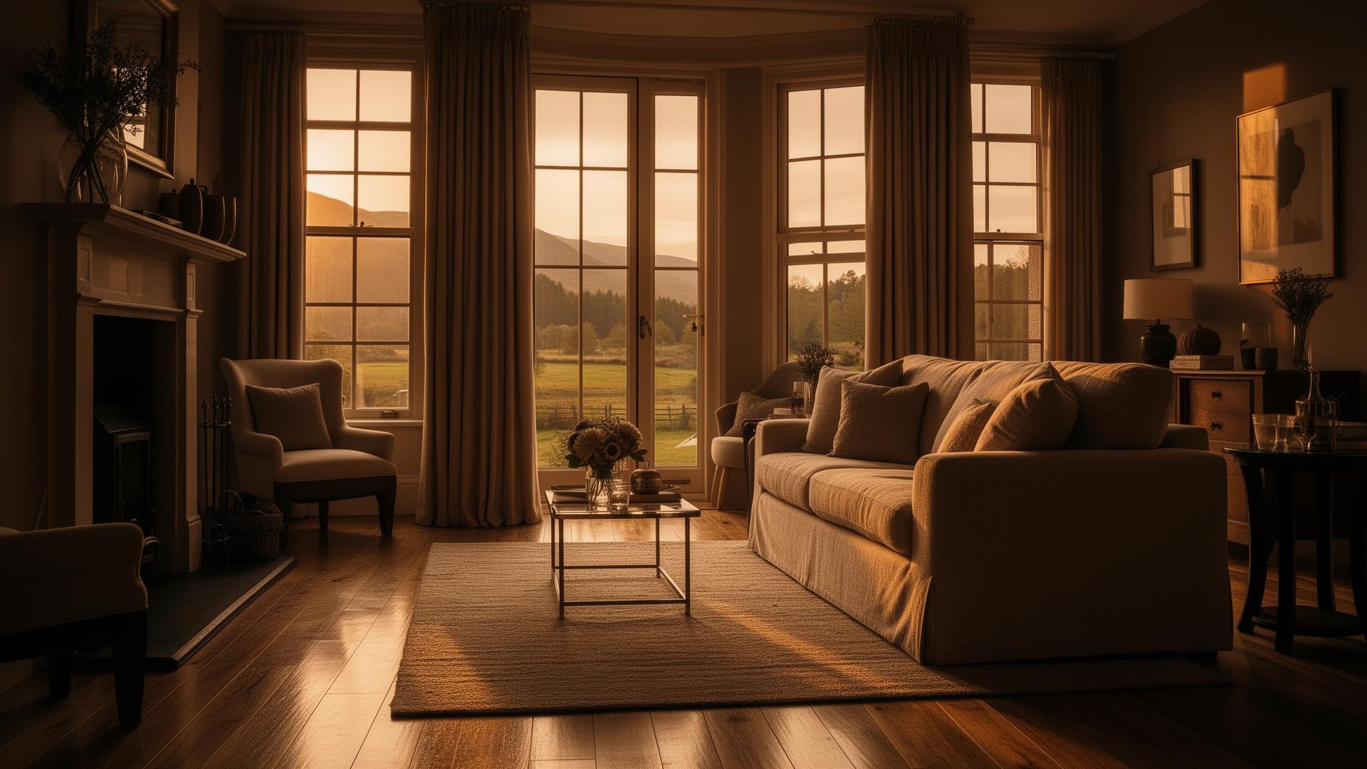 Luxury Lake District holiday let interior at golden hour
