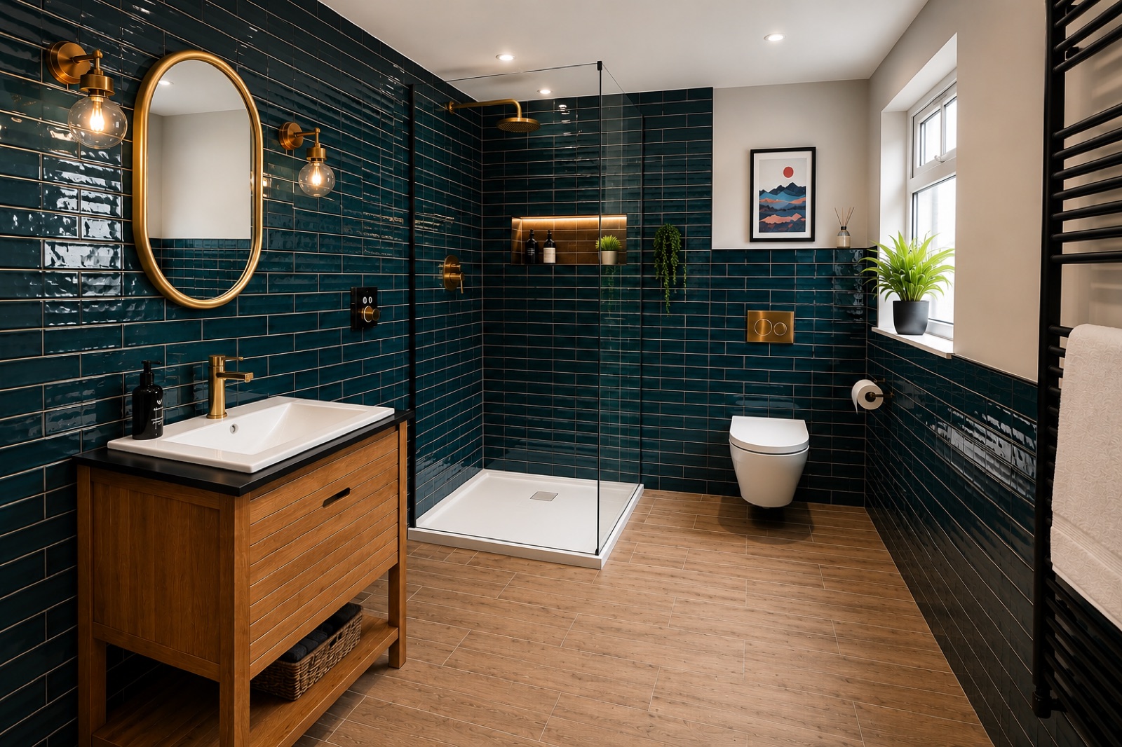 Photo-verified clean: teal-tiled bathroom with walk-in shower and gold fittings, guest-ready